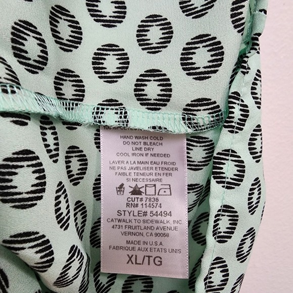 Pleione Mint Green Black Geometric Circle Print Split Neck Blouse XL 54494 - Picture 3 of 7